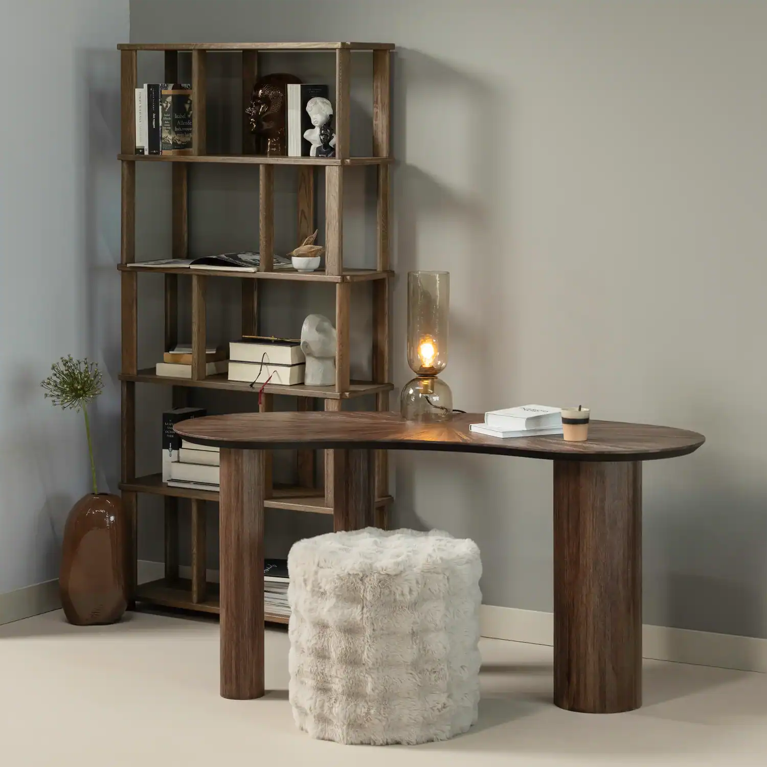 Olven poef hoog fluffy stof naturel - Afbeelding 2