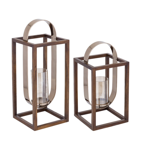 PTMD Shirah Brown stainless steel wooden latern  S - Afbeelding 3