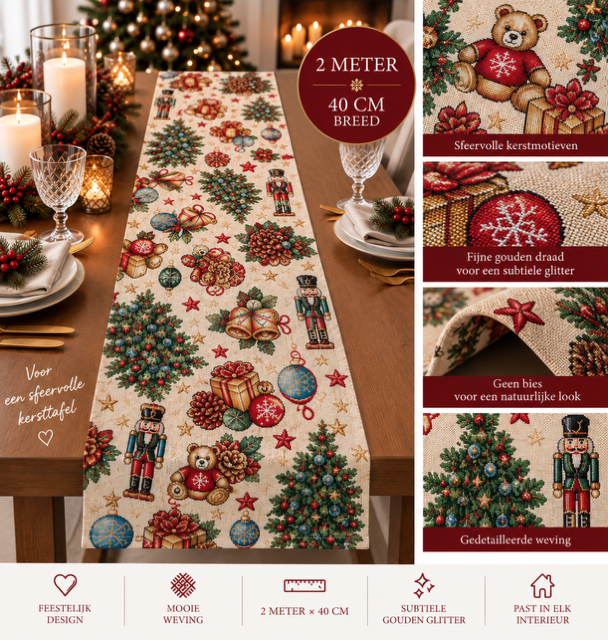 Kerst tafelloper – teddyberen & kerstmotieven 200 × 40 cm - Afbeelding 2