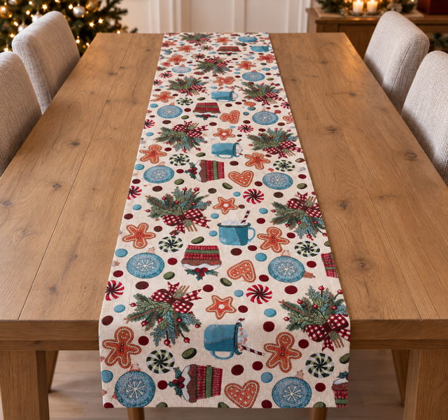 Kerst tafelloper - Gingerbread & Christmas met gouddraad – 200 × 40 cm
