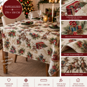Kerst tafelkleed Santa & Reindeer met subtiele gouddraad – 270 × 150 cm