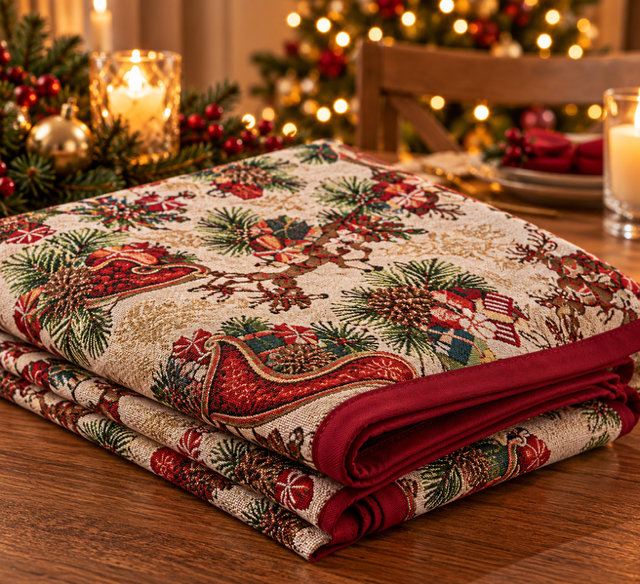 Kerst tafelkleed met kerstman, rendieren met subtiele gouddraad –270 × 150 cm - Afbeelding 2