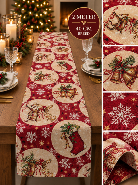 Kerst tafelloper – Rood met klassieke kerstmotieven 200 × 40 cm - Afbeelding 2