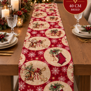 Kerst tafelloper – Rood met klassieke kerstmotieven 200 × 40 cm
