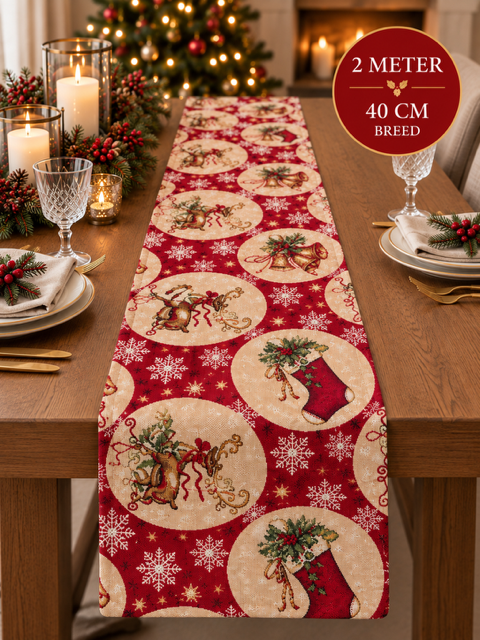 Kerst tafelloper – Rood met klassieke kerstmotieven 200 × 40 cm