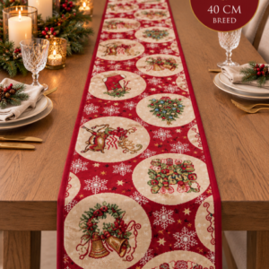 Kerst tafelloper afgewerkt met bies – Rood met klassieke kerstmotieven 200 × 40 cm met