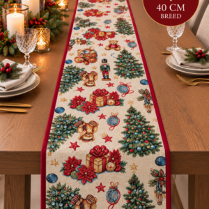 Kerst tafelloper afgewerkt met bies – teddyberen & kerstmotieven 200 × 40 cm