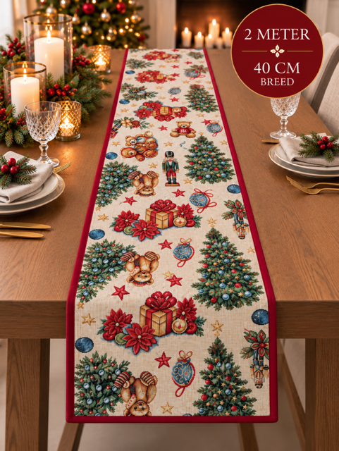 Kerst tafelloper afgewerkt met bies – teddyberen & kerstmotieven 200 × 40 cm