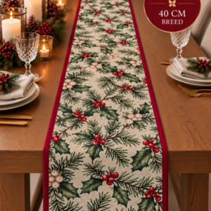 Kerst tafelloper afgewerkt met bies - Hulst met rode bessen glitter 200 x 40 cm