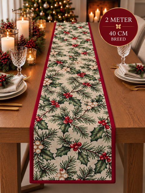 Kerst tafelloper afgewerkt met bies - Hulst met rode bessen glitter 200 x 40 cm