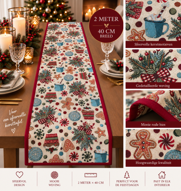 Kerst tafelloper afgewerkt met bies - Gingerbread & Christmas met gouddraad – 200 × 40 cm - Afbeelding 2