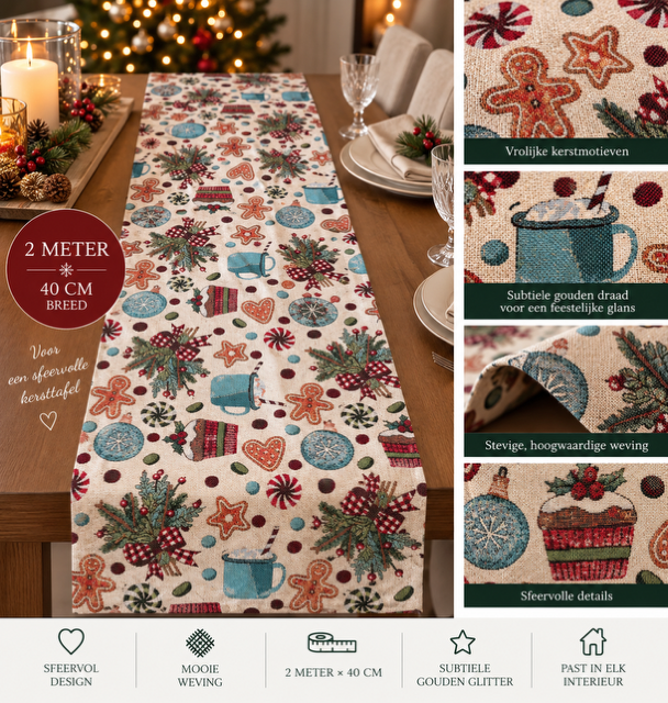 Kerst tafelloper - Gingerbread & Christmas met gouddraad – 200 × 40 cm - Afbeelding 2