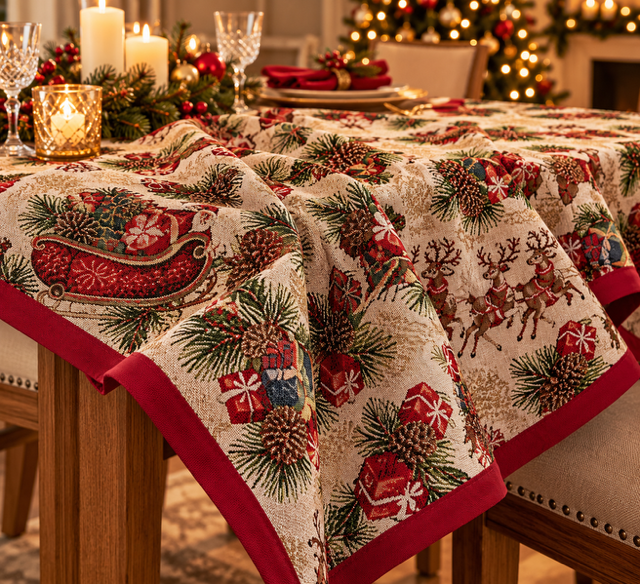 Kerst tafelkleed met kerstman, rendieren met subtiele gouddraad –270 × 150 cm - Afbeelding 3