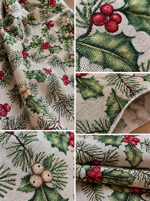 Kerst tafelloper Hulst met rode bessen glitter 200 x 40 cm - Afbeelding 2