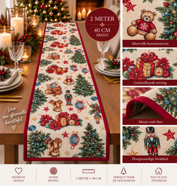 Kerst tafelloper afgewerkt met bies – teddyberen & kerstmotieven 200 × 40 cm - Afbeelding 2