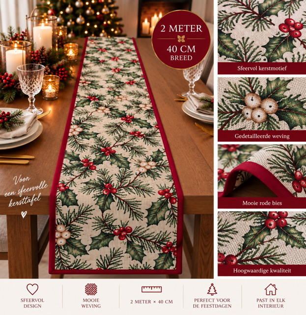 Kerst tafelloper afgewerkt met bies - Hulst met rode bessen glitter 200 x 40 cm - Afbeelding 2