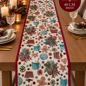 Kerst tafelloper afgewerkt met bies - Gingerbread & Christmas met gouddraad – 200 × 40 cm