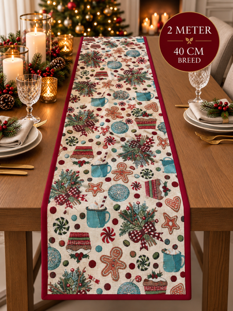 Kerst tafelloper afgewerkt met bies - Gingerbread & Christmas met gouddraad – 200 × 40 cm