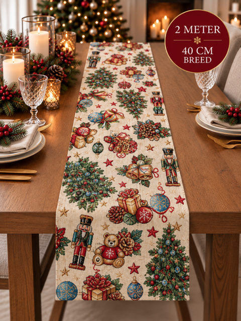 Kerst tafelloper – teddyberen & kerstmotieven 200 × 40 cm