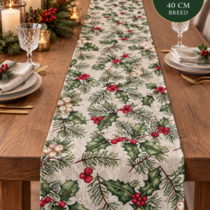 Kerst tafelloper Hulst met rode bessen glitter 200 x 40 cm