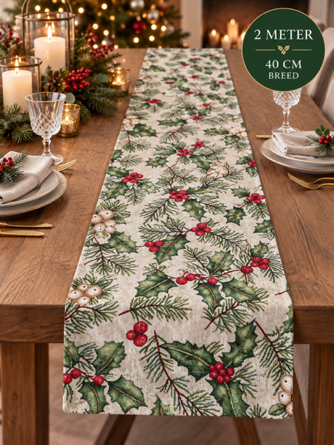 Kerst tafelloper Hulst met rode bessen glitter 200 x 40 cm