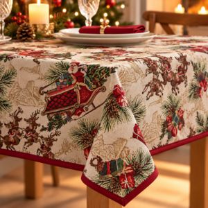 Kerst tafelkleed met kerstman, rendieren met subtiele gouddraad –270 × 150 cm