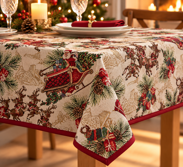 Kerst tafelkleed met kerstman, rendieren met subtiele gouddraad –270 × 150 cm