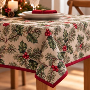 Kerst tafelkleed hulst met rode bies met subtiele gouddraad – 270 × 150 cm